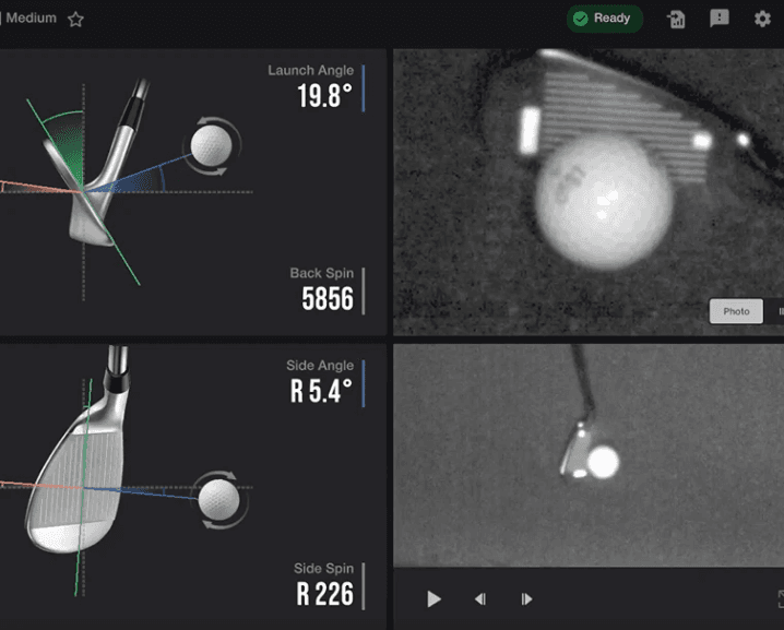 Club Optix impact capture — the club face and ball at the moment of impact, with launch angle and spin numbers
