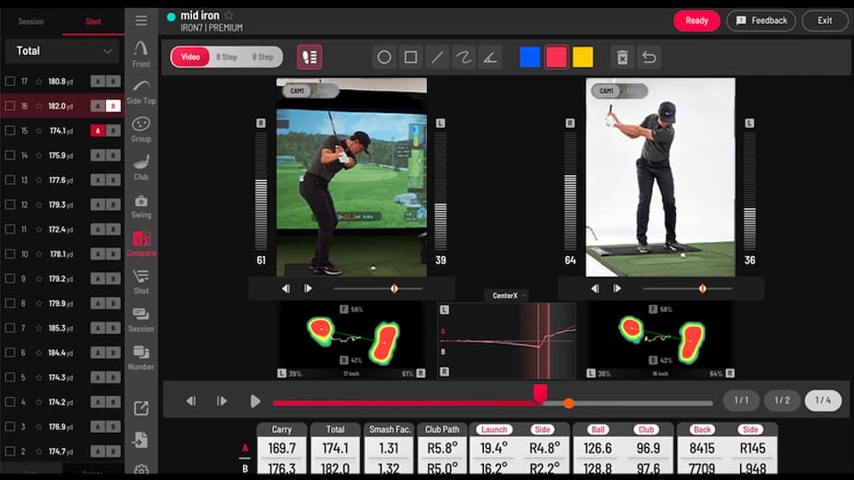 Side-by-side swing comparison with shot data from the launch monitor
